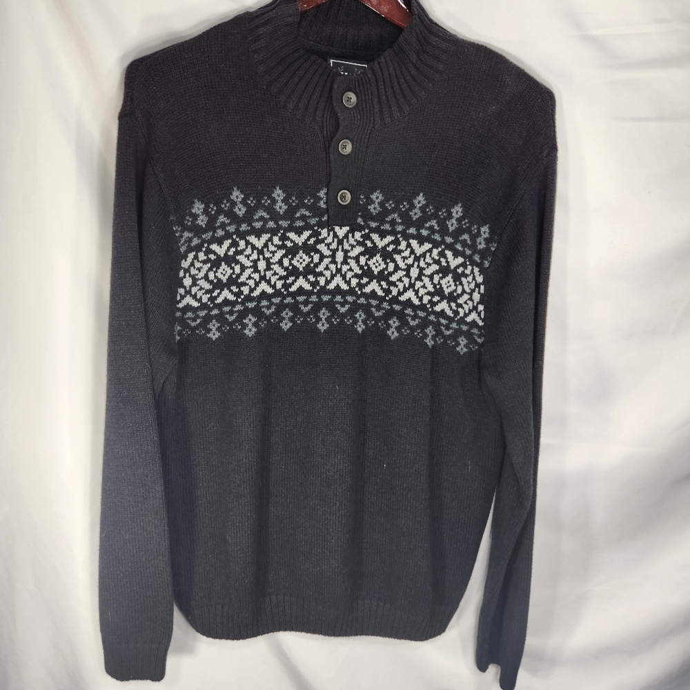 Chaps Grey & White Long Sleeve Pullover Sweater w/3 Buttons Size Large